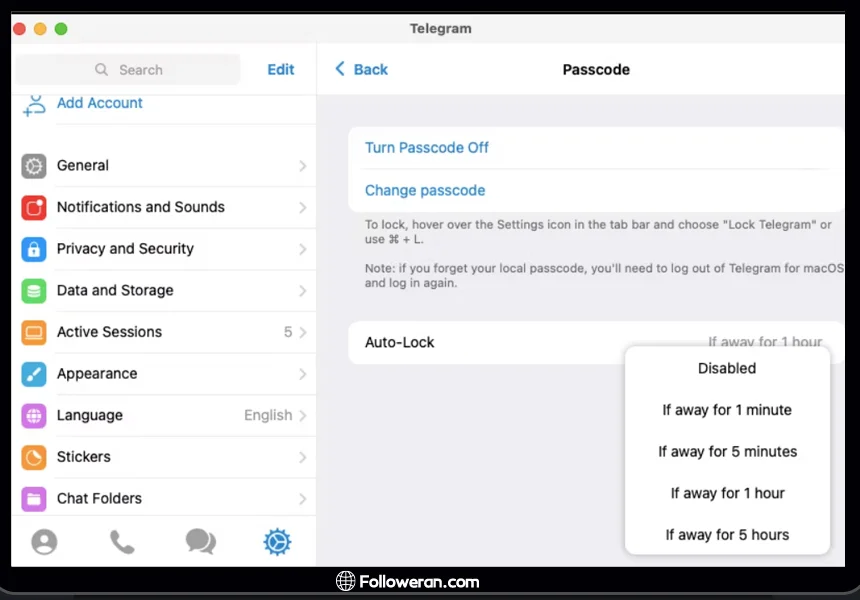 آموزش قفل کردن اکانت تلگرام در سیستم‌عامل مک
