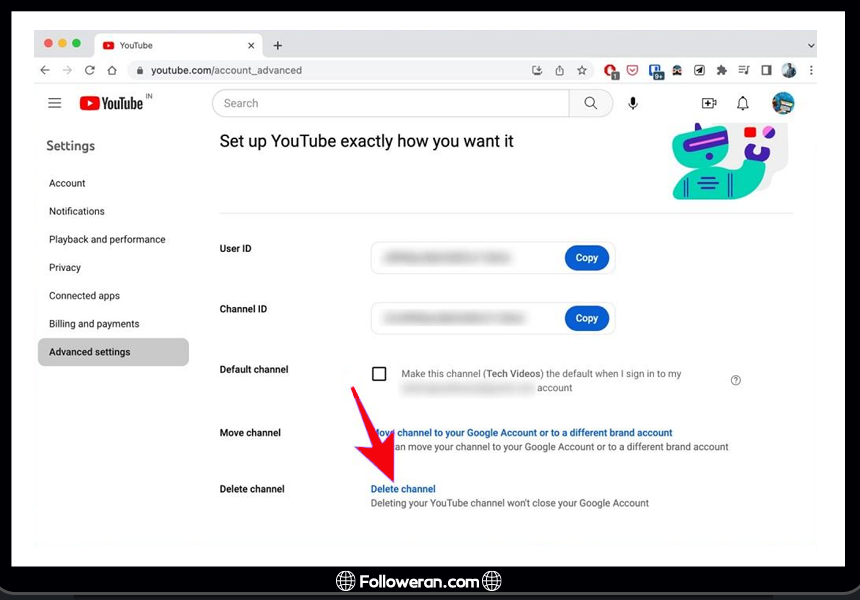 انتخاب گزینه حذف اکانت یوتیوب