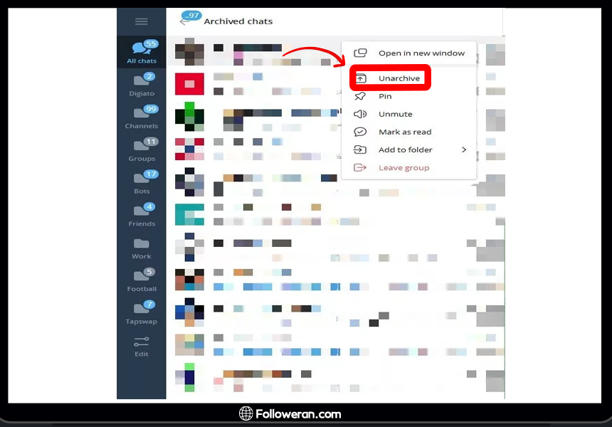 Unarchive کردن چت‌های تلگرام در کامپیوتر