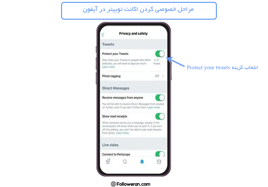 2) انتخاب Protect your tweets در آیفون