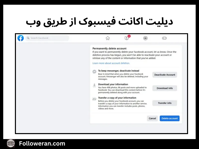 دیلیت اکانت فیسبوک با مرورگر