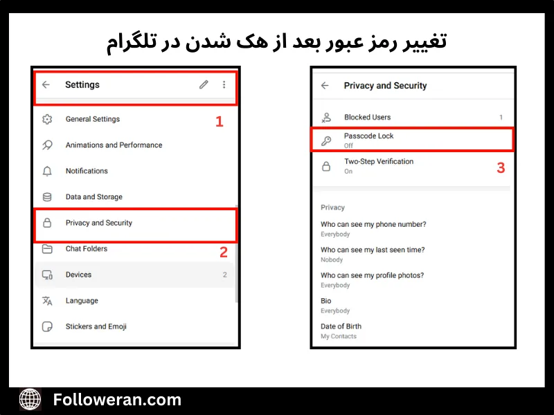 گذاشتن رمز بعد اینکه فهمیدیم تلگرام هک شده