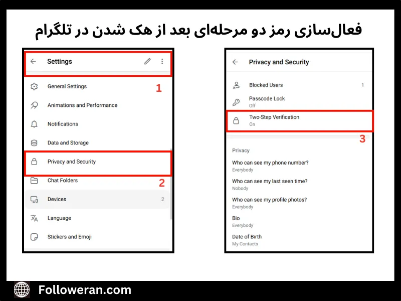 نحوه فعال سازی رمز دو مرحله‌ای تلگرام