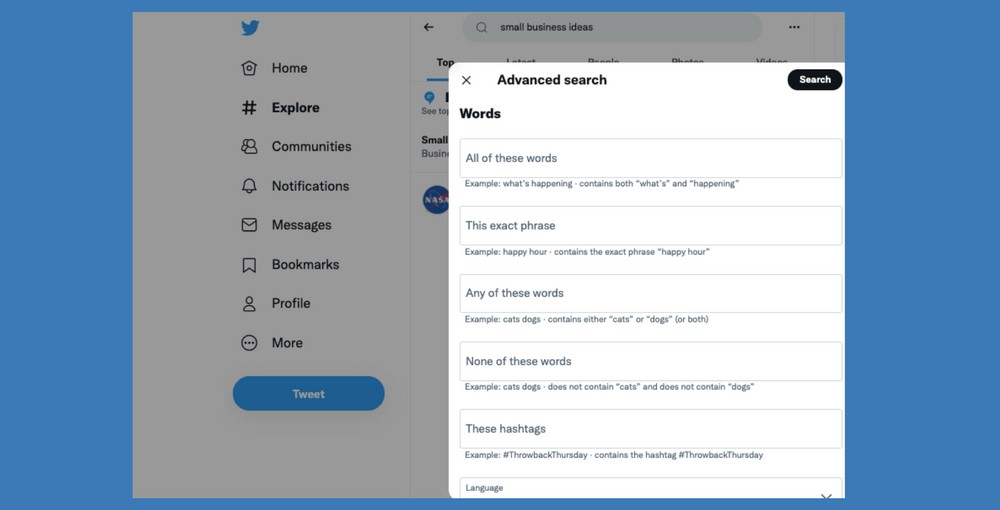 Try an advanced search on Twitter for Search Without an Account.
