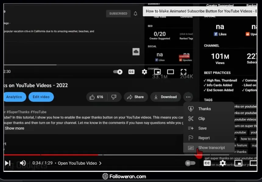 Get Transcript of a YouTube Video On Desktop- step 2