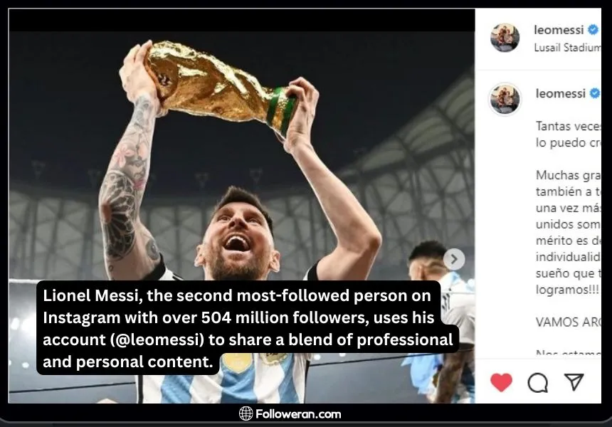 Lionel Messi, the second most followed athlete on Instagram, showcasing his football journey.