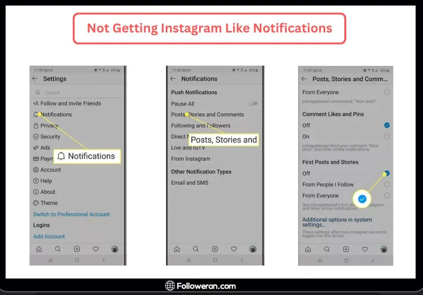not getting Instagram like notifications; Disabled In-App Notification Settings - 2