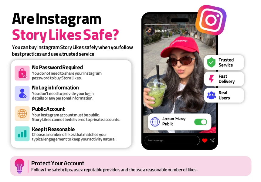 Infographic highlighting safety tips for buying Instagram Story Likes