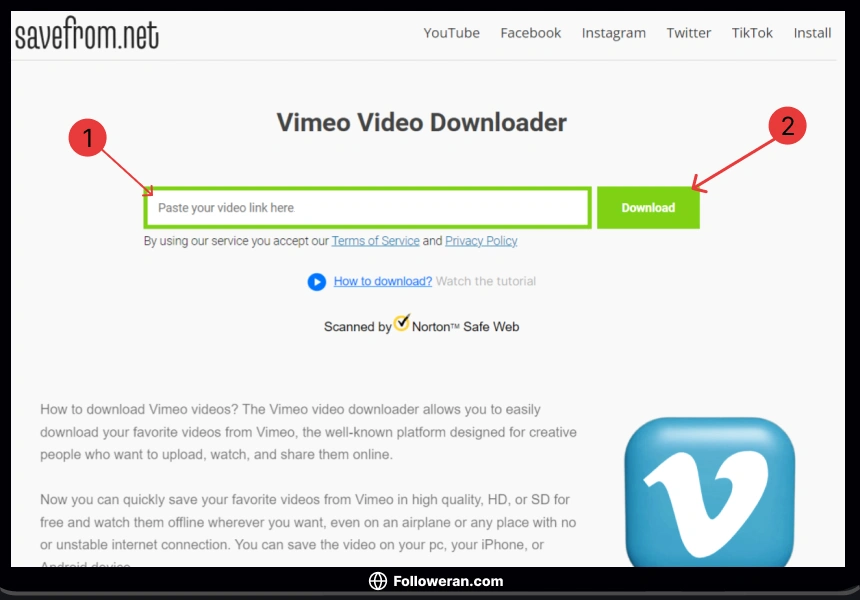 دانلود از vimeo با استفاده از وبسایت saveform 